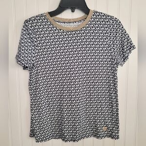 Michael Kors Navy & White MK Pattern Tee With Gold Neckline Sz M